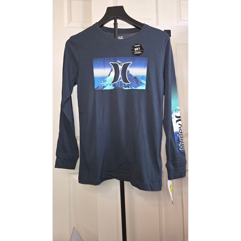 Hurley Boys Long Sleeve Graphic Tee Shirt Navy Blue Mountain Logo Size Large